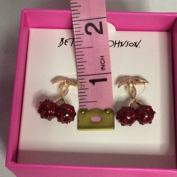 NIB BETSEY JOHNSON GOLD TONE RED CHERRY STUD EARRINGS - Picture 5 of 6